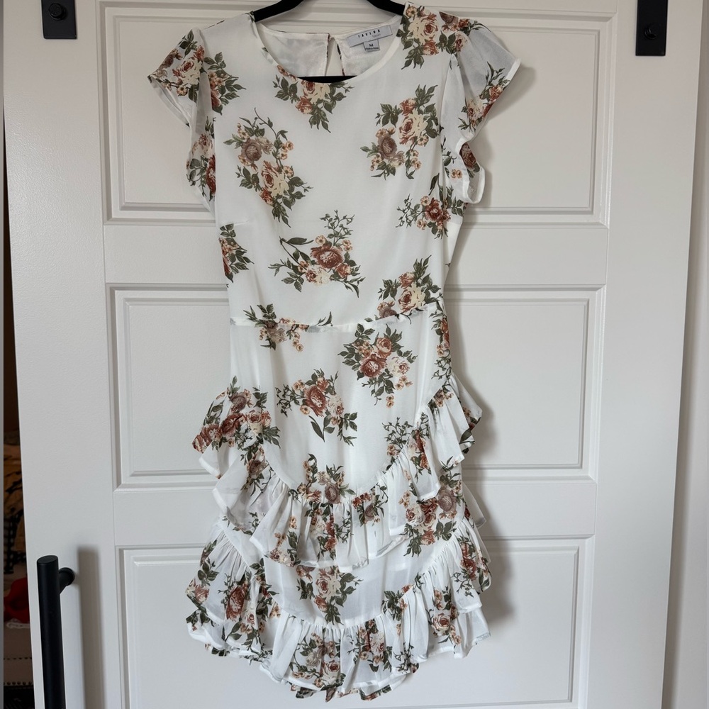 FAVLUX Floral Ruffle Mini Dress - White and Brown